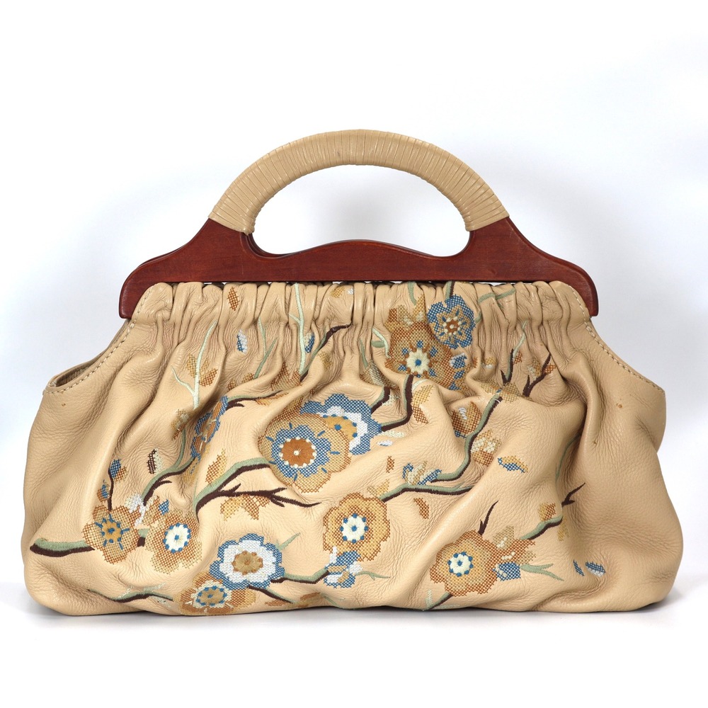 Isabella Fiore Satchel Leather Floral Embroidered Wood Handle Boho Bag Beige